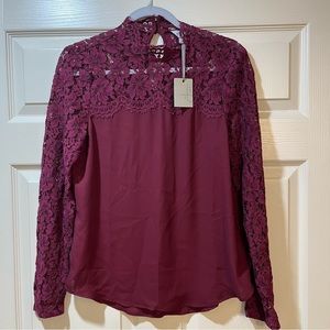 Lace Long Sleeve Top/blouse by Belle Sky. Size small. Burgundy NWT